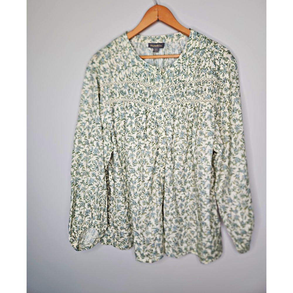 Style&Co Blouse 2XL Floral Button Cotton Peasant Boho Crochet Trim Pleated Chic
